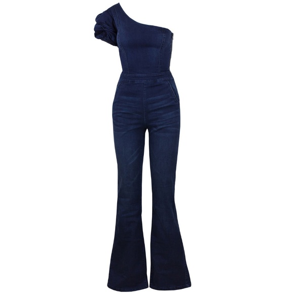 one shoulder denim jumpsuit